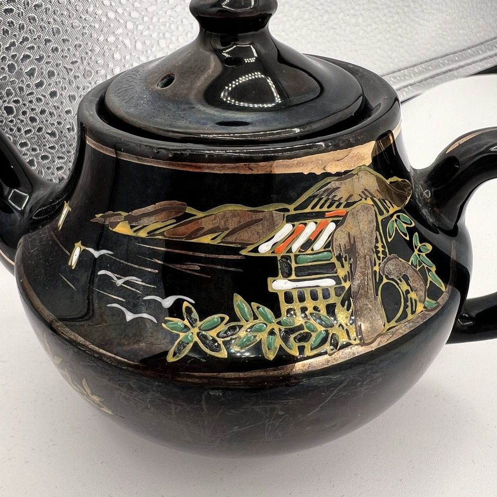 Vintage Japanese‎ black/brown  Ceramic Tea Pot with Hand-Painted Design